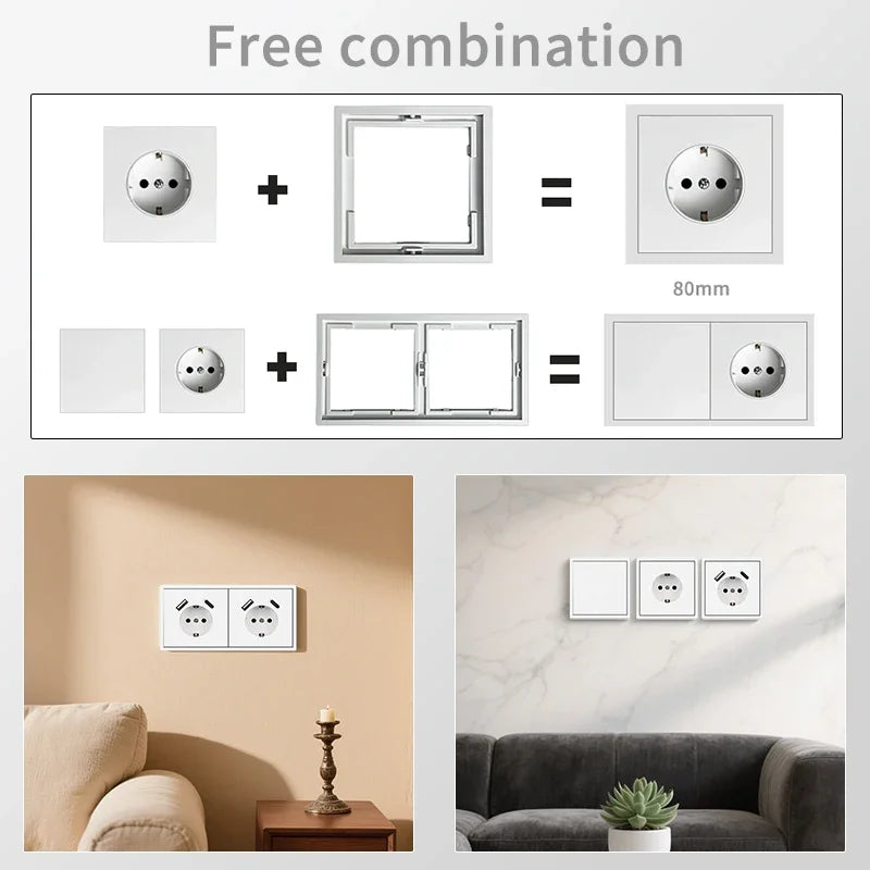 European Wall Socket EU Outlet, USB Type-C Charging Ports, 1/2 Gang Light Switch, 16A 250V, Flush Mount, White Panel, 80×80mm