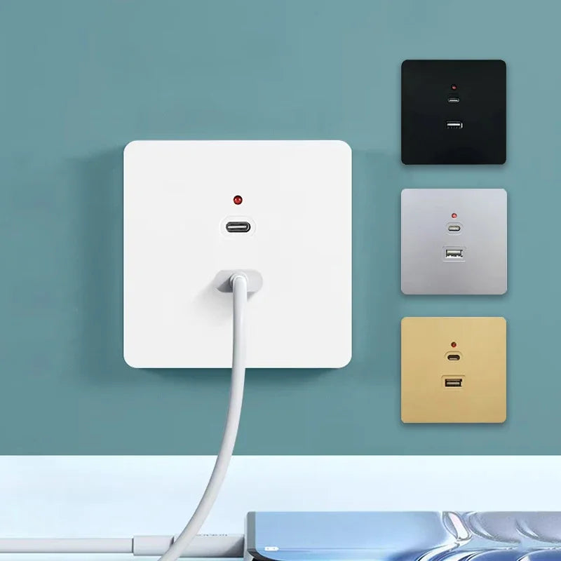 Black Universal Wall USB C Socket, 10W Type-c 2port USB Plug Adapter Outlet, Wall-mounted Eu 220V Electrical Power Socket