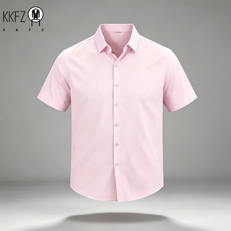 Summer Male Lapel Short Sleeve Dress Shirt Single Breasted Soft Stretch Cloth Outdoor Travel Daily Commute Formal Top