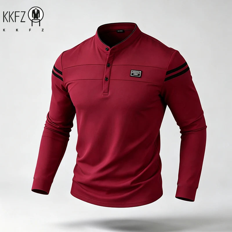 Mens Basic Stand Collar Long Sleeve Polo Top Sleeve Stripes Suitable For Vacation Short Trip And Multiple Leisure Scenes