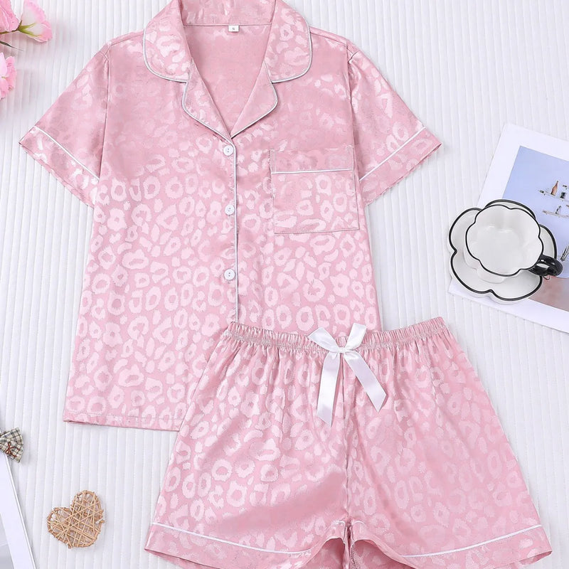 Leopard Print Summer Pajamas with Shorts Lapel Collar Tops Loungewear Sets Woman Nightwear New Ice Silk Short Sleeve Sleepwear