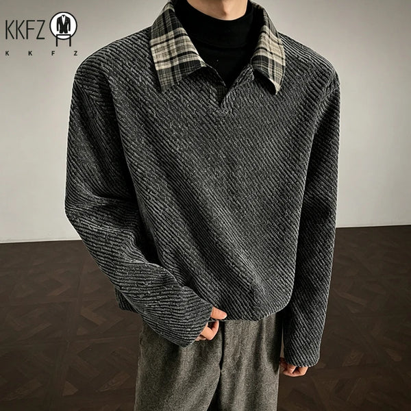 Mens V Neck Corduroy Pullover With Plaid Lapel Collar Long Sleeve Diagonal Texture Loose Casual Autumn Top