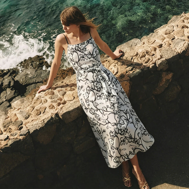 Amii Womens Dresses 2026 Summer New Printed With Belted Oversized Holiday Casual Spaghetti Strap A-Line Long Dress 12652050
