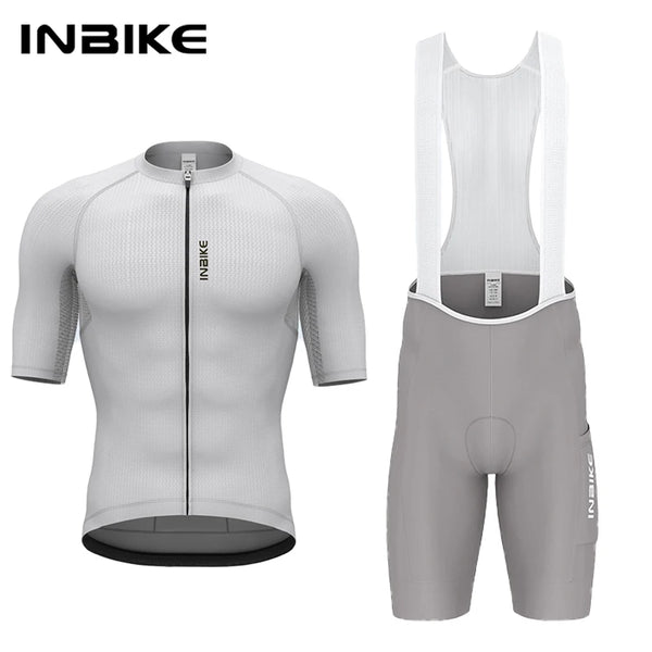 INBIKE Pro Men's Cycling Suit Short Sleeve Jersey Bib Shorts with Pockets Breathable Summer Road Bike Bicycle Clothing Quick Dry