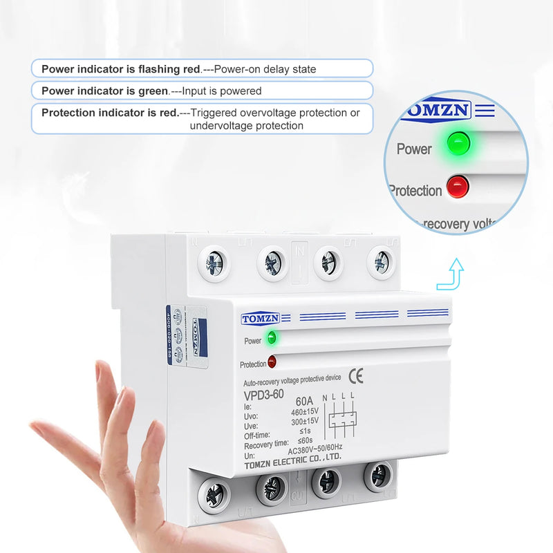 TOMZN 60A 380V Three Phase Four Wire Din Rail Auto Recovery Reconnect Over Voltage And Under Voltage Protective Protection Relay