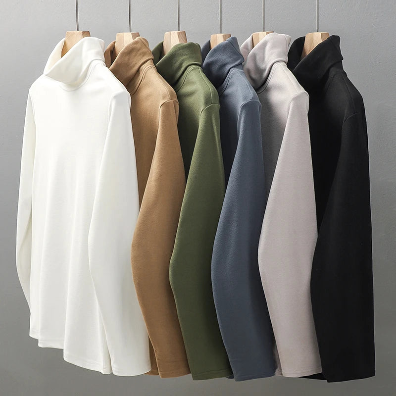 DUKEEN Dralon Fabric Long Sleeve T Shirts for Men 2025 Autumn and Winter Thick Fleece Warm Turtlenneck Solid Color Undershirts