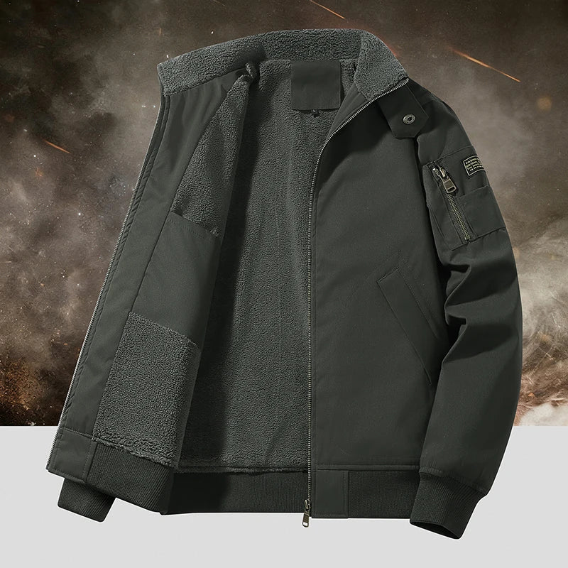 Men's Winter Fleece-Lined Bomber Jacket, Heavy Duty Cotton Military Style with Multiple Pockets, Ideal for Casual Daily Wear