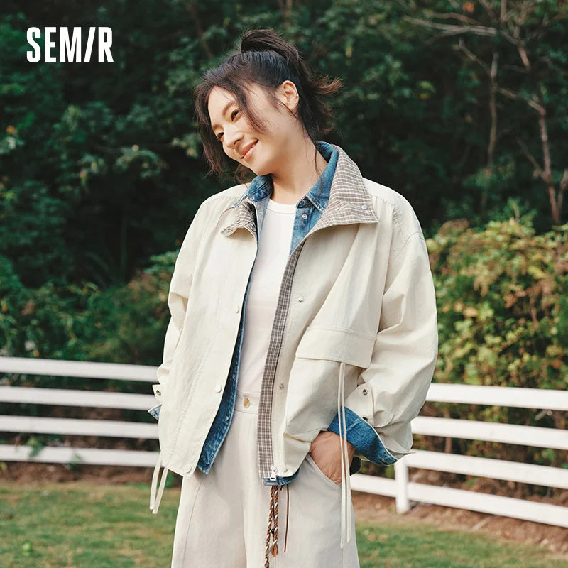 Semir Retro Jacket Women 2026 Spring Plaid Spliced Oversize Bud Shape Casual Relaxed Fit Stylish Loose Outerwear