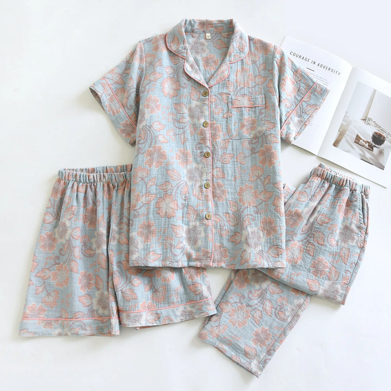 Retro Floral Summer Pajamas Lapel Short Sleeve Sleepwear Women's Cotton Home Wear New Three-Pieces Pyjama Set Woman Nightwear