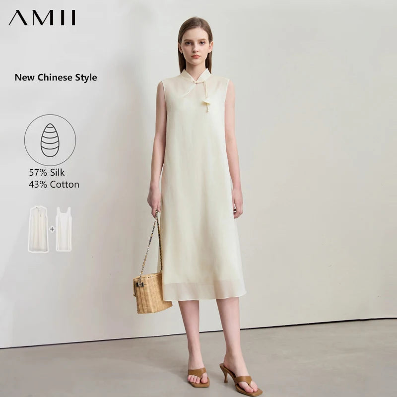 រ៉ូប AMII សាមញ្ញបំផុតសម្រាប់ស្ត្រី រ៉ូបកប្បាសសូត្រ Mulberry រដូវក្តៅឆ្នាំ ២០២៥ រចនាបថចិនថ្មី ដៃអាវរាងអក្សរ A រ៉ូបល្ងាចឆើតឆាយ ១២៥៤២២៦៧
