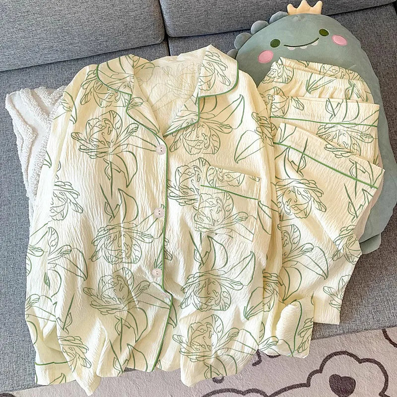 Fashion Printed Women's Pajamas Set Lapel Collar Shirt Trousers Sets Spring Autumn Sleepwear Pyjamas Femme Night Home Suit