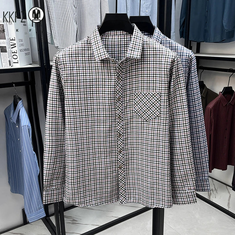 Men's Lapel Collar Plaid Shirt Long Sleeve Lightweight Fabric Breathable Casual Business Daily Wear Comfortable