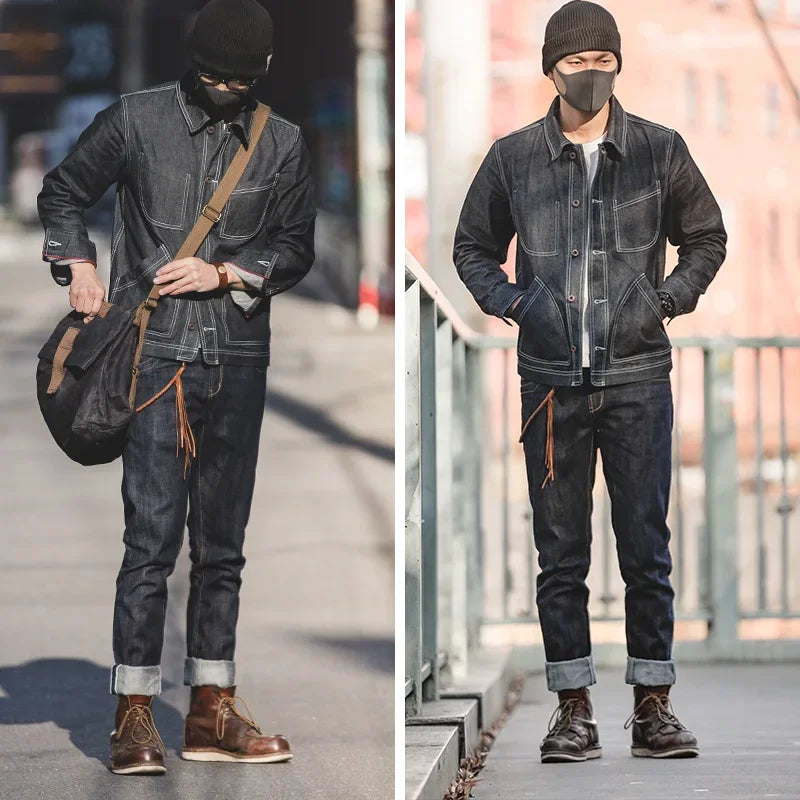 ខោខូវប៊យ Maden សម្រាប់បុរស 14oz ឆៅ Selvedge Denim Vintage Straight Fit Horsehide Leather Patch Paris Buckle Jeans សម្រាប់រដូវស្លឹកឈើជ្រុះ និងរដូវរងា