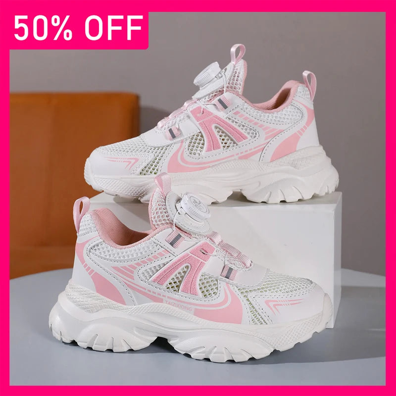 Kids Sneakers New Rotating Buckle Breathable Mesh Thick Sole Rebound Fitness Shoes Comfortable Versatile Casual Shoes for Girls