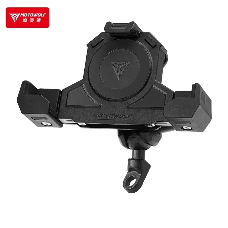 ជើងទ្រទូរសព្ទដៃម៉ូតូ Motowolf រាងត្រីកោណ ដែលអាចស្រូបយកឆក់បាន ជាប្រភេទជើងទ្រជាប់ ដែលអាចសាកថ្មឥតខ្សែបានតាមរយៈ USB។