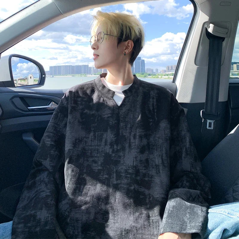 Male Streetwear Gradient Dye Long Sleeve Top Crew Neck Ink Splash Print Oversized Fit For Various Autumn Daily Occasions