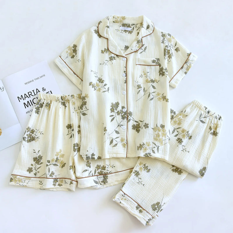 Women's Summer 3PCS Pajama Sets Lapel Short Sleeve Sleepwear Homewear Loungewear Cardigan Home Suit Pijama Night Wear Female