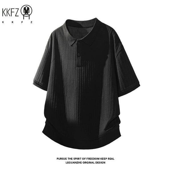 Male Summer Polo Collar Short Sleeve Shirt Vertical Woven Jacquard Cloth Relaxed Silhouette For Outdoor Travel Matching