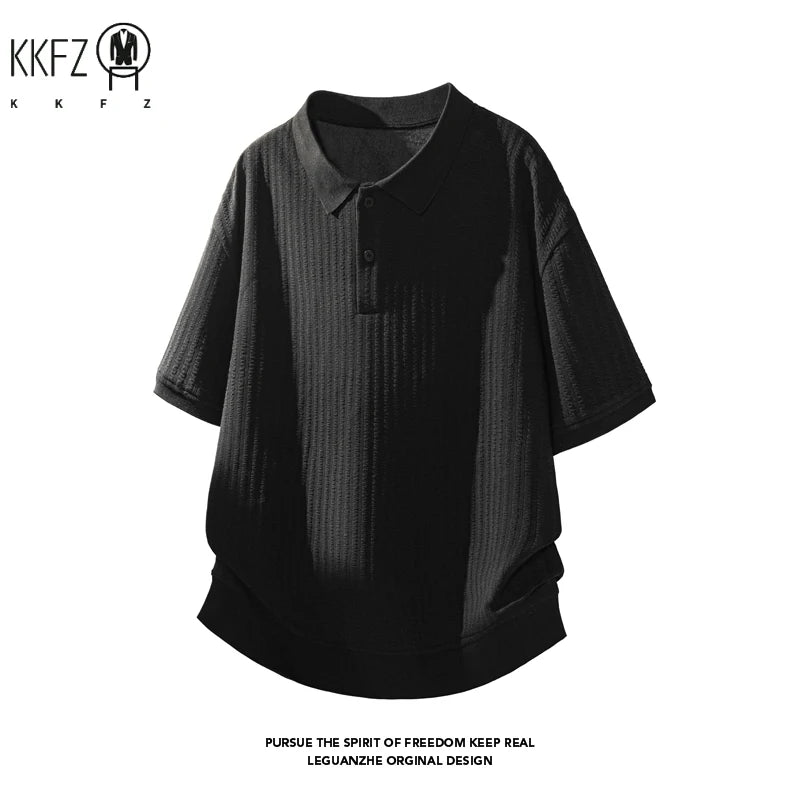 Male Summer Polo Collar Short Sleeve Shirt Vertical Woven Jacquard Cloth Relaxed Silhouette For Outdoor Travel Matching