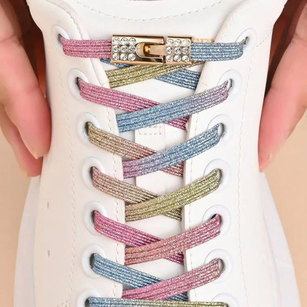 1 Pair Fashionable Elastic Lazy Shoelaces with Rhinestone Buckles No-Tie Sports Shoe Laces for Quick And Easy Shoe Closure