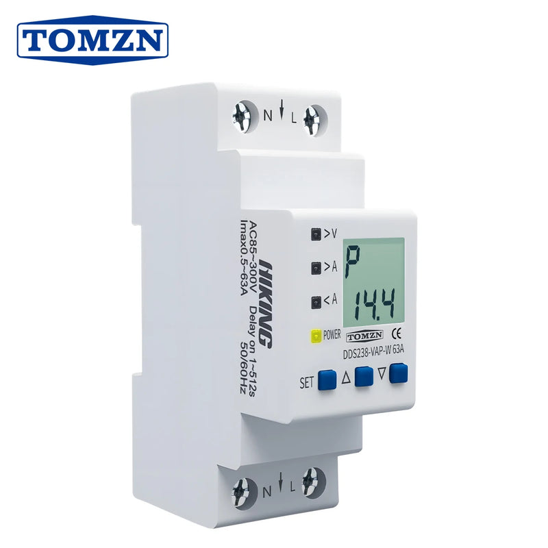 TOMZN Adjustable Overvoltage Undercurrent Protector Relay 63A 110230V V-I-kW-kWh Multi-Function Display | Water Level Control