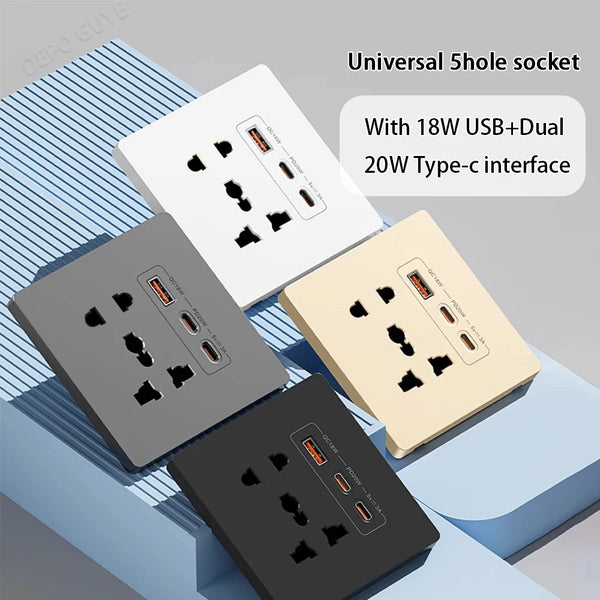 Universal 5Pin Socket With 20W Fast Charging Double Type-C Port,UK Wall Electrical USB Plastic Power Plug Outlet AC 110V-250V