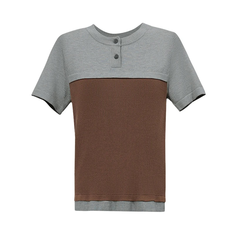 Amii Women's Knit Top 2026 Summer New Color Block Round Neck Short Sleeve Sweater Slim Office Casual Pullover For Women 12642156