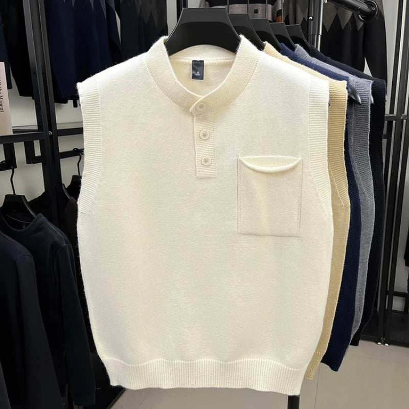 Men's Stand-Up Collar Knitted Vest with Button Front and Patch Pocket Spring and Autumn Pullover Knit Sweater