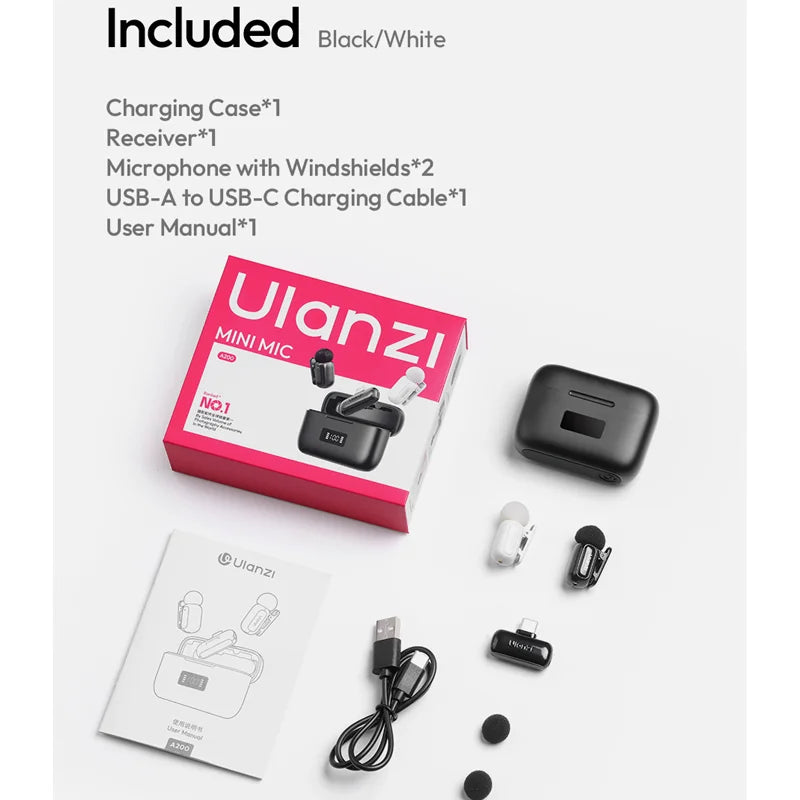 មីក្រូហ្វូនឥតខ្សែ Ulanzi A200 Mini Lapel Mic បញ្ជាបាន 100 ម៉ែត្រ សម្រាប់ថតវីដេអូ LiveStreaming Camera ស្មាតហ្វូន កុំព្យូទ័រយួរដៃ