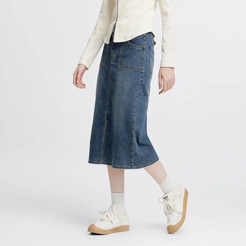 Semir Women Skirt Denim Slit Straight Long Slim Retro Street Style Autumn Bottoms Comfortable Urban Daily Wear 2026