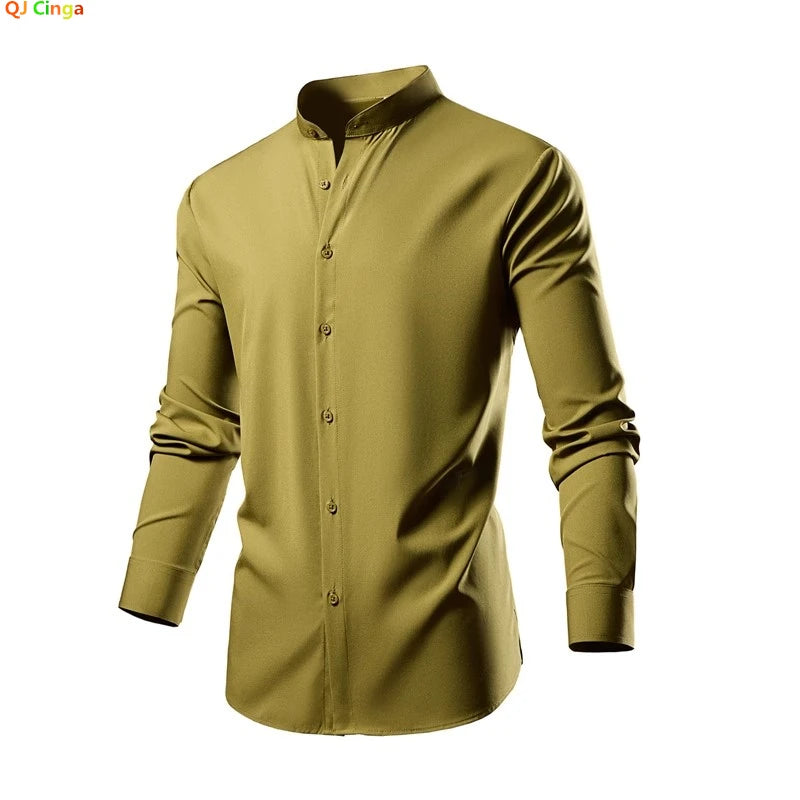 2026 New Men's Black Long-sleeved Shirt, White Single-breasted Stand-up Collar Shirts, Fashion Casual Tops, European Size S-XL.