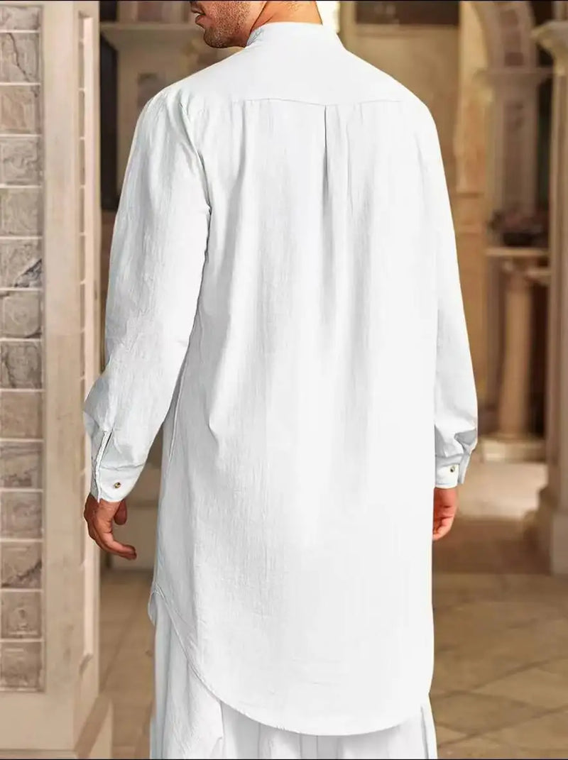 2026 Summer New Style Men's Long Cotton Shirt, Middle Eastern Arab Muslim Robe, Available in White, Black, Blue and Green.