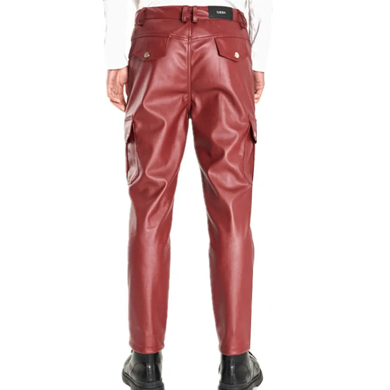 Multi-pocket Men's Casual PU Pants, Fashionable Biker Leather Pants, Windproof and Waterproof Dirt-resistant Trousers,Size S-5XL