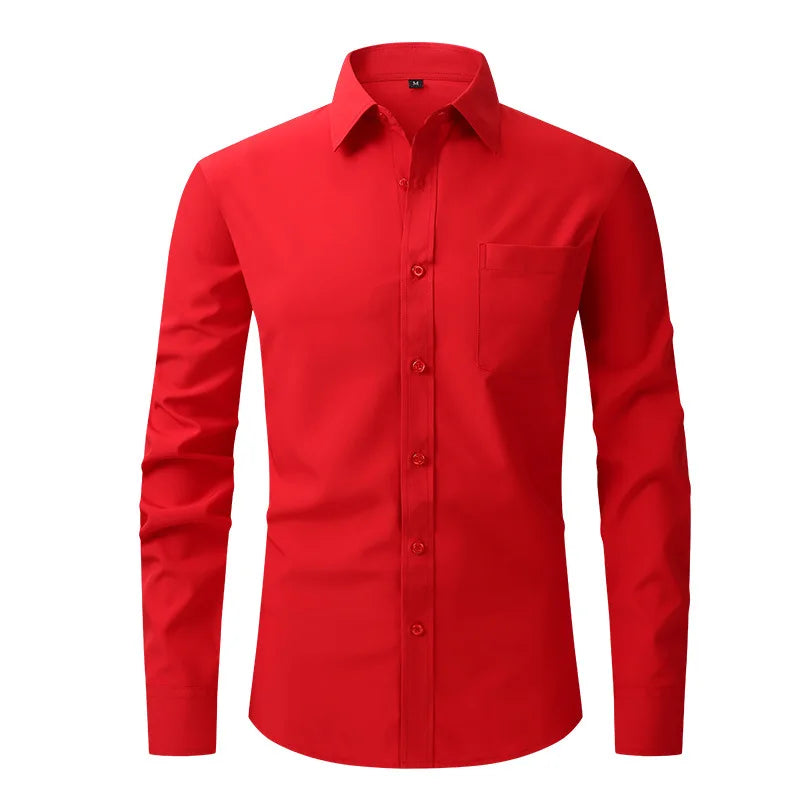 Solid Color Men's Long-sleeved Shirt, Single-breasted Square Collar Small Elastic Shirts, Suitable for Wedding/Business/Office