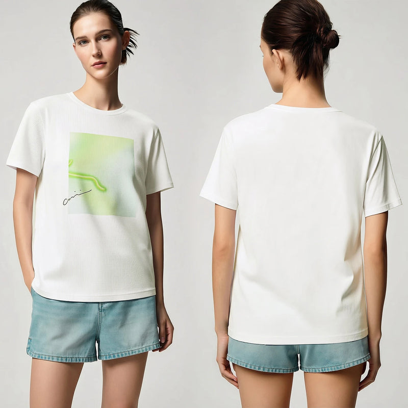 Amii T-shirt Women 2026 Summer New Printed Round Neck Cotton Tee Loose Casual Drop Shoulder Short Sleeve Tops Woman 12652008