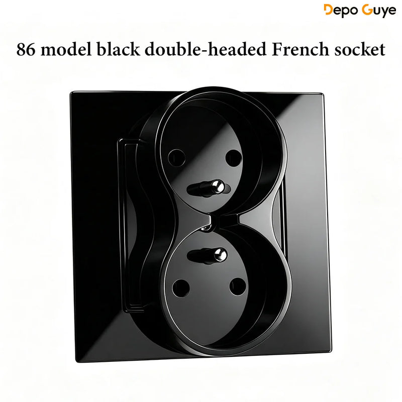 French Wall Socket Double Power Outlet FR Standard 16A Glass Panel Single Double Frame White Black Home Electrical Wall Socket