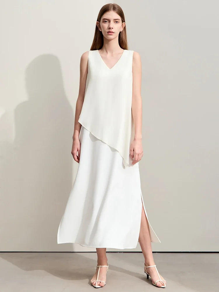រ៉ូប Amii Minimalism 2026 សម្រាប់នារី រដូវក្ដៅ រចនាបថវិស្សមកាលថ្មី ក V ដេរភ្ជាប់ជាមួយក្រណាត់ Chiffon ស្រី ដៃខ្លី រ៉ូបរលុង 12452102