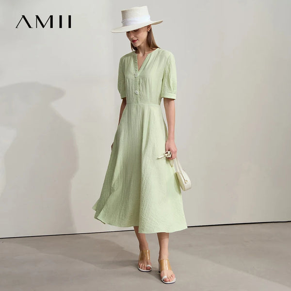 រ៉ូប AMII Minimalist ឆ្នាំ ២០២៥ រដូវក្តៅ មុខរបរ ការិយាល័យ ស្ត្រី ទីក្រុង ចង្កេះអក្សរសាស្ត្រ ស្ត្រី ក V Alien Buckle Linen Midi Dress 12522091