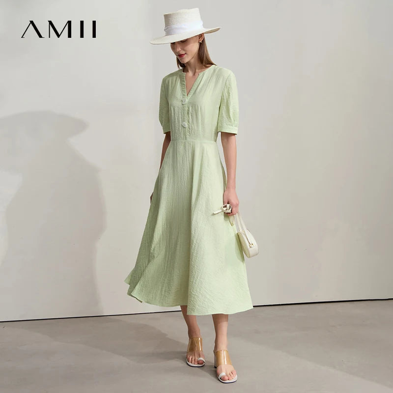 រ៉ូប AMII Minimalist ឆ្នាំ ២០២៥ រដូវក្តៅ មុខរបរ ការិយាល័យ ស្ត្រី ទីក្រុង ចង្កេះអក្សរសាស្ត្រ ស្ត្រី ក V Alien Buckle Linen Midi Dress 12522091