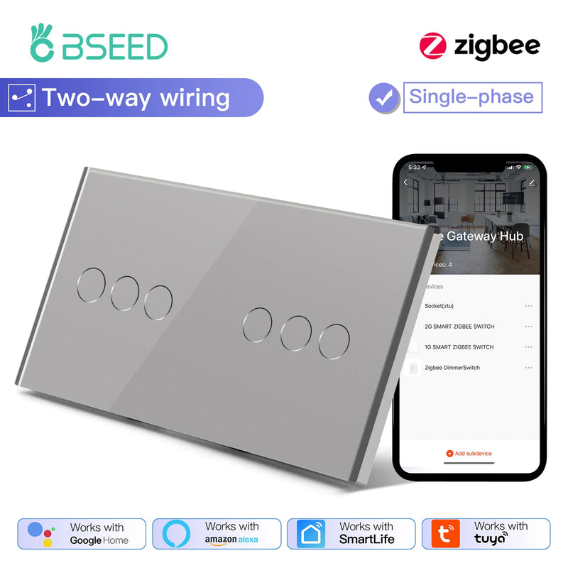 BSEED Smart Zigbee Touch Light Switch 1/2/3Gang Wall Touch Switch 2Way Wire Compatible with Smart Life Alexa Google Home