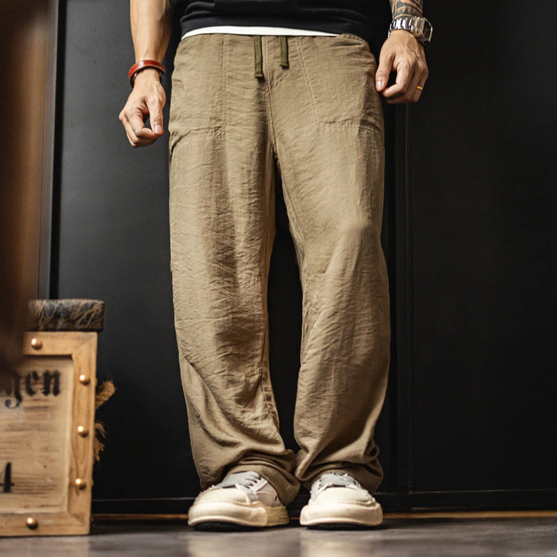 ខោ Maden បុរស Vintage Chino ខោស្រាលលាយក្រណាត់ Linen ជាមួយនឹងចង្កេះយឺត ខោ Khaki Baker សម្រាប់រដូវក្តៅ និងរដូវស្លឹកឈើជ្រុះ
