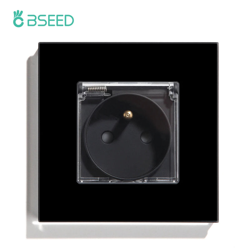 BSEED FR Standard Single Socket With Waterproof Cover Double Wall  French Outlets Triple Power Plugs 16A Glass Panel 110-250V