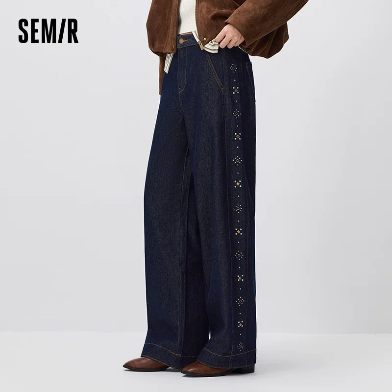 Semir Women Jeans 2026 Rhinestone Patchwork Wide Leg Loose 2026 Autumn Street Style Denim Pants Slim Look Fashion Bottoms