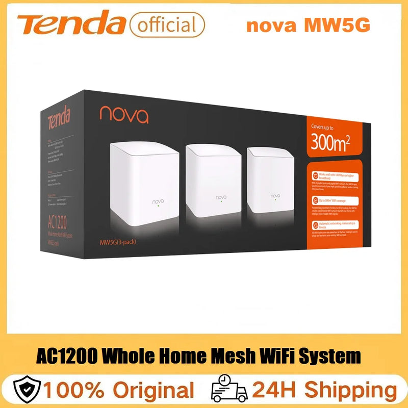 ប្រព័ន្ធ WiFi Tenda MW5G Nova Mesh 2.4&5GHz Dual-Band AC1200 ឧបករណ៍ពង្រីករ៉ោតទ័របណ្តាញ Gigabit សម្រាប់ផ្ទះទាំងមូល គ្របដណ្តប់រហូតដល់ 6000 ហ្វីតការ៉េ