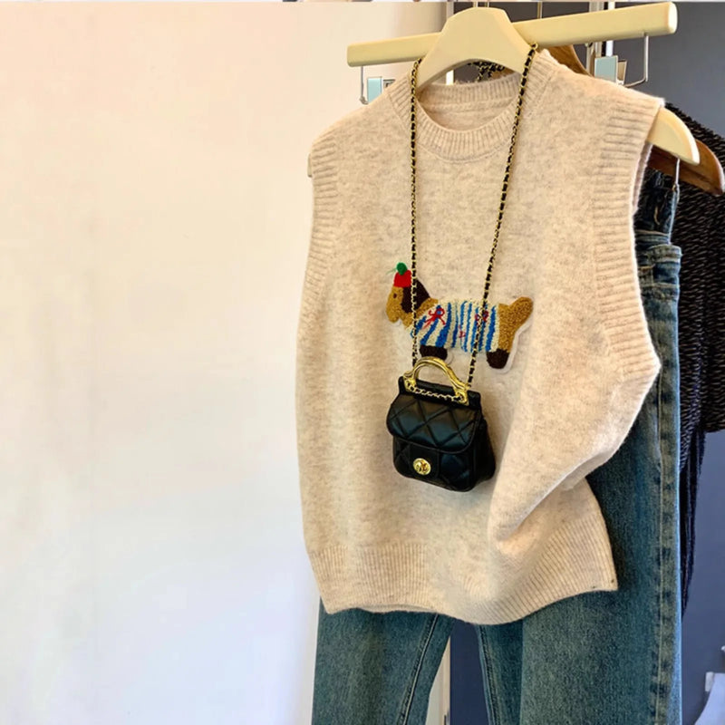 Basic Cartoon Sleeveless Vest Knitted Sweater Spring and Autumn Loose Ladies Knitwear Top Woolen Jackets Women Waistcoat