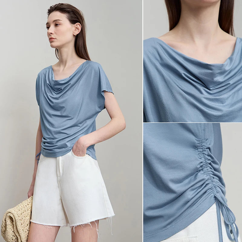 AMII Minimalist Soft Loose T-Shirt Summer Fashion Tees Unique Design Swing Neck Short Sleeve Knit Top Women Clothing 12512056