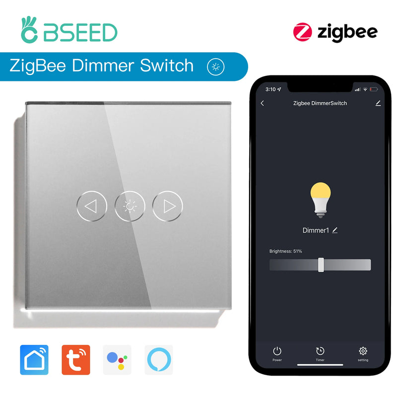 BSEED Zigbee Dimmer Light Switches 1Gang 1Way Wall Smart Dimmable Switch Support Tuya Smart Life Alexa Voice Control