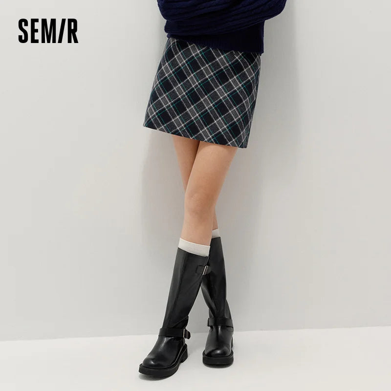 Semir Women Woolen Skirt Partial Elastic Waist Plaid Preppy Style 2026 New Winter Daily Wear Urban Casual Style