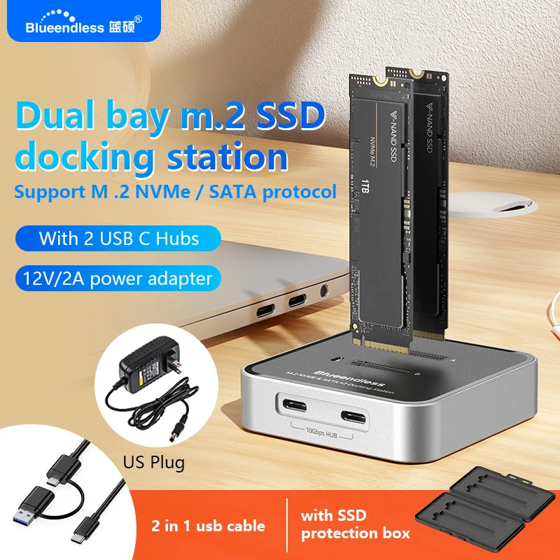 ស្ថានីយ៍ចត SSD ពិធីការ M.2 NVMe / SATA របស់ Blueendless Duay-Bay ជាមួយឧបករណ៍អាន SSD Hub ប្រភេទ C USB3.1 10Gbps ប្រអប់ SSD ខាងក្រៅ