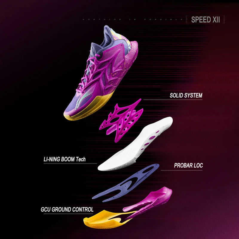 ស្បែកជើងបាល់បោះបុរស Li-Ning SPEED XII អាជីព BOOM ទន់ មានខ្យល់ចេញចូលបានល្អ ស្បែកជើងប៉ាតា LiNing ទ្រទ្រង់លំនឹង ABAV069